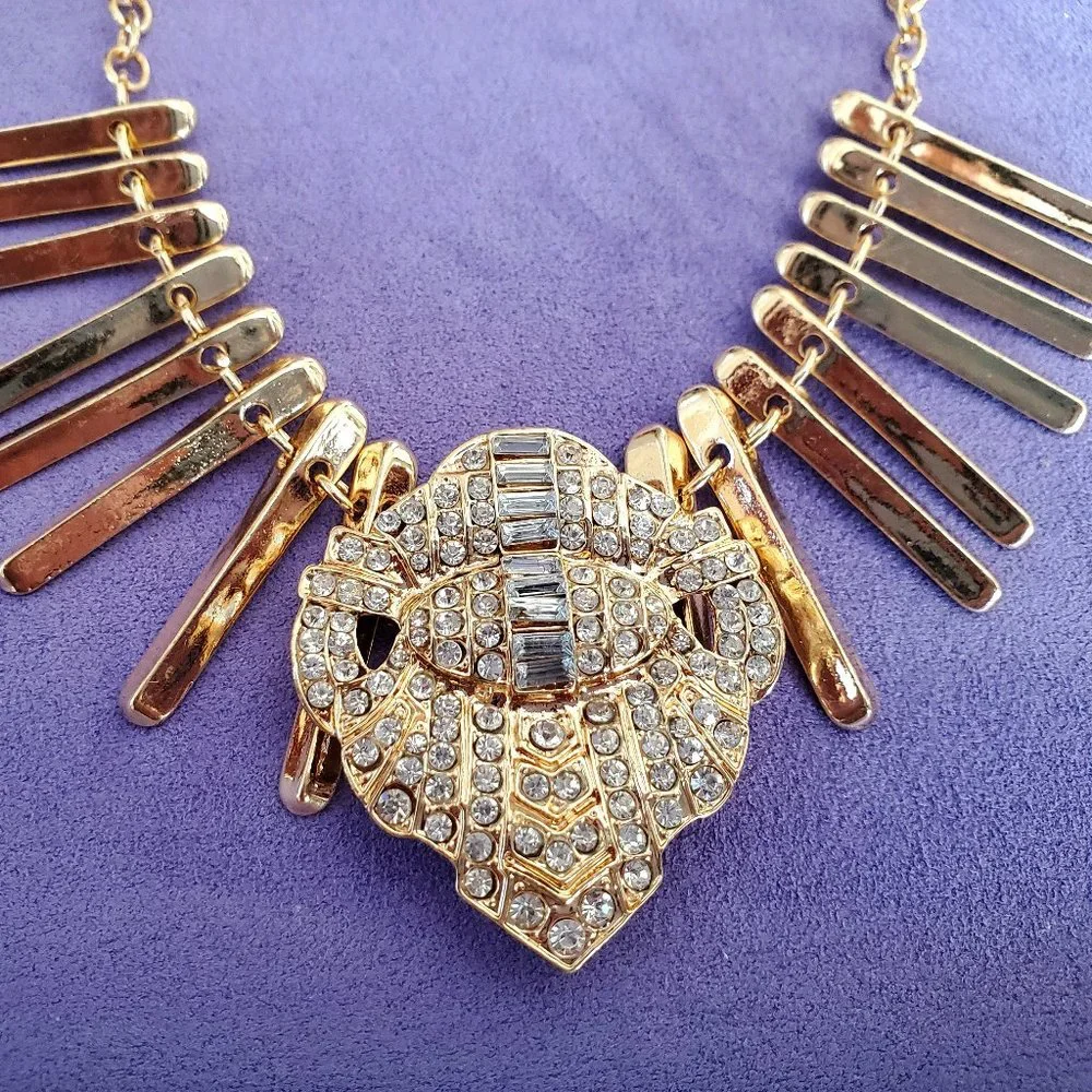 NEW Statement Polished Gold Fringe Rhinestone Center Dressy Runway Necklace